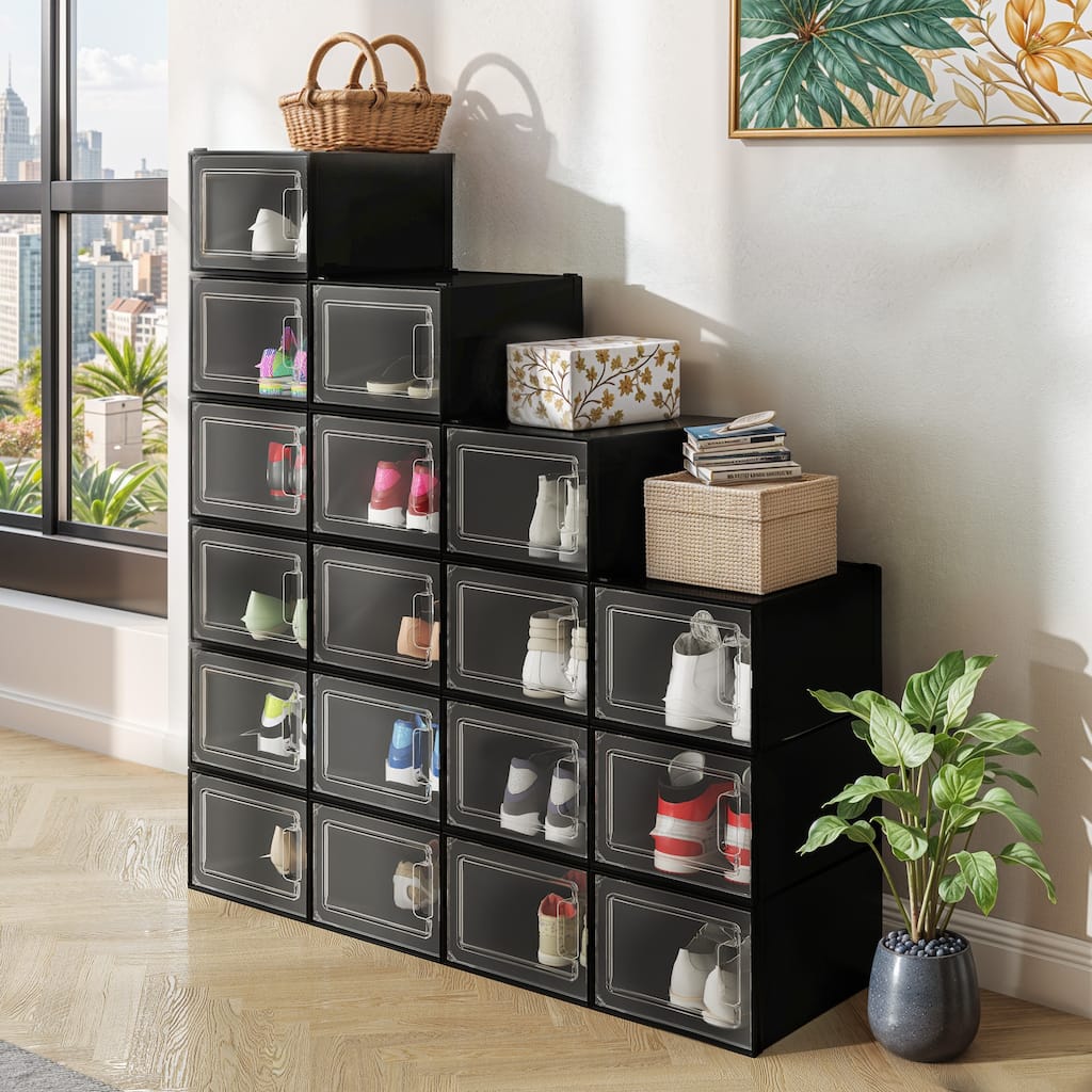 6/12/18 Pack Shoe Storage Box Plastic Stackable Shoe Organizer for Closet Foldable Sneaker Containers Bins Holders Racks