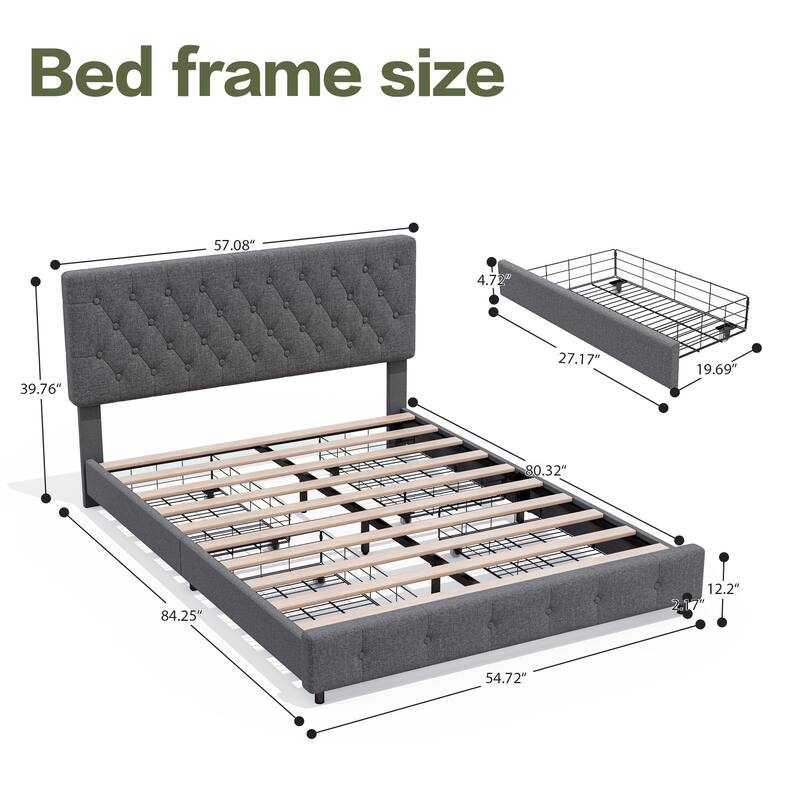 Linen Upholstered Headboard Bed Frame with Large Hidden Storage, 4 Underbed Drawers with Pulleys