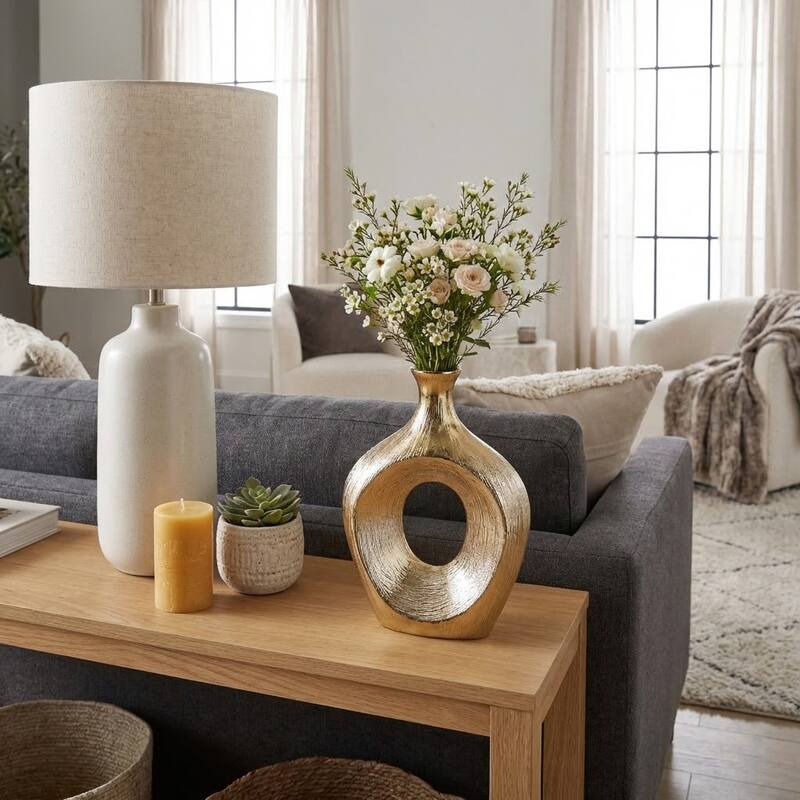 Modern Oval Ceramic Table Vase Cut-Out Design - 9.75" - Gold