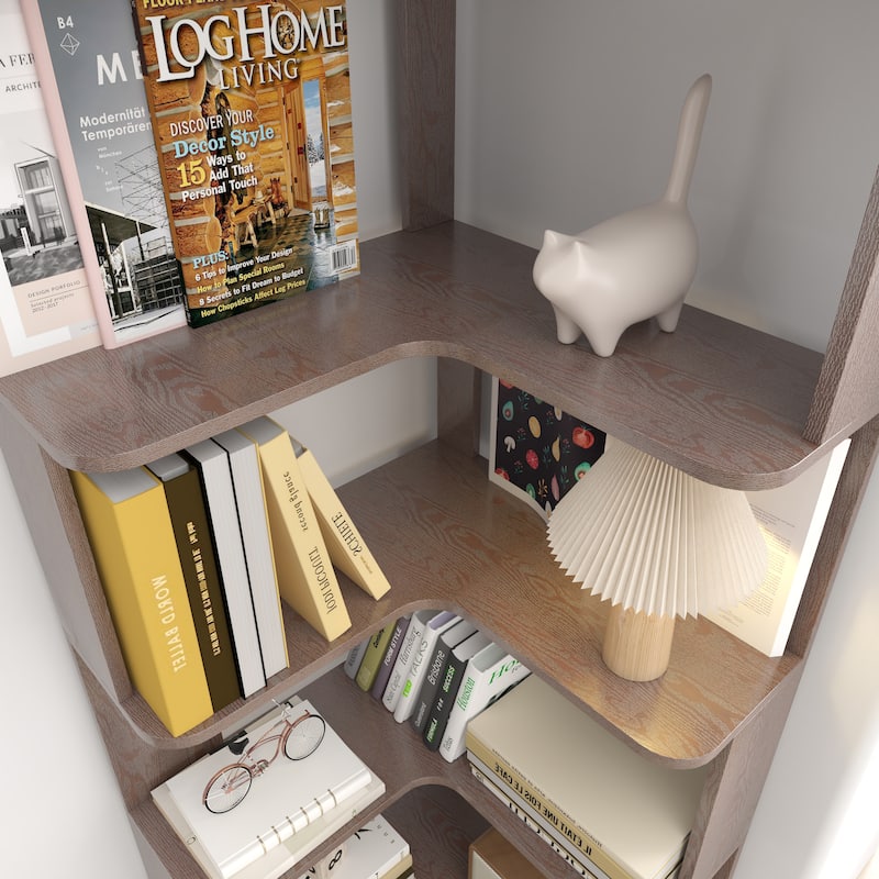 6 Tier Freestanding L-Shaped Corner Bookshelf For Living Room, Bedroom, Wooden Bookcase with anti tipping device