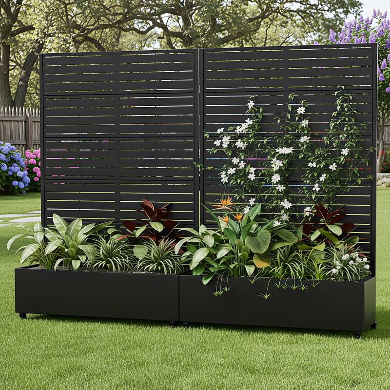 Privacy Screen Planter with Trellis Metal Planter Box with 360° Lockable Wheels & Drainage Holes Raised Garden Bed - 72"x47"