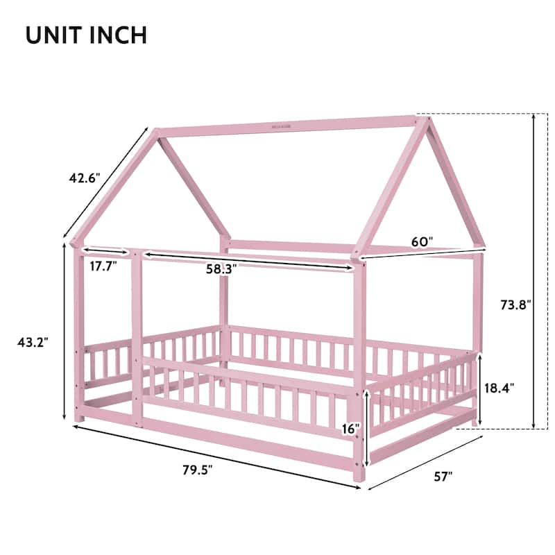 Full Size Wooden Floor Bed with House Roof Frame and Guardrails