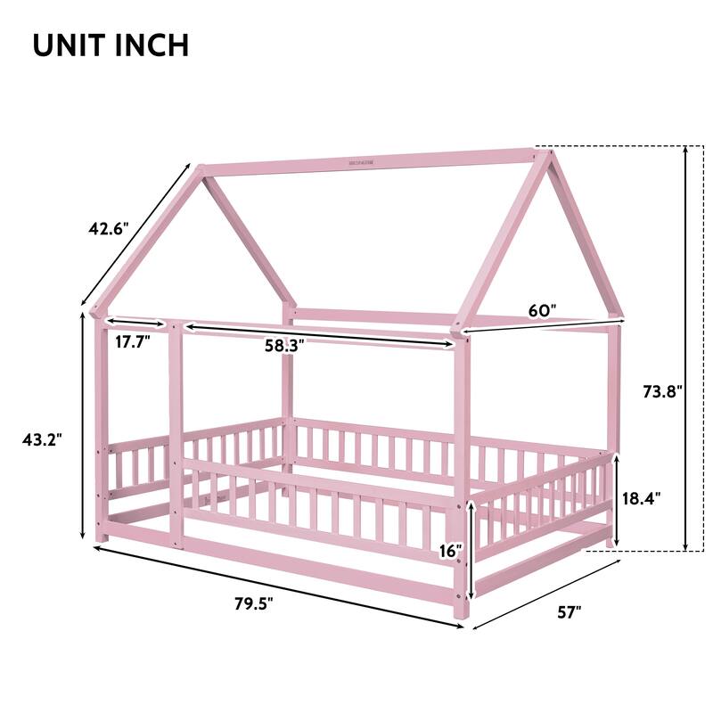 Wooden Floor Bed with House Roof Frame and Guardrails