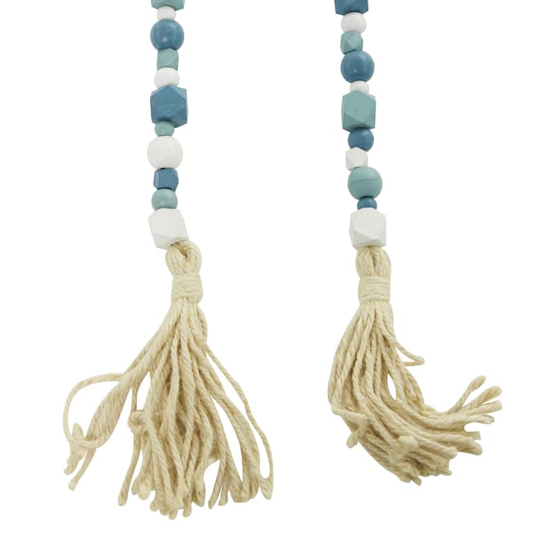 Mango Wood Handmade Hexagon Carved Geometric Long Beaded Garland with Tassel - Roche River Decor