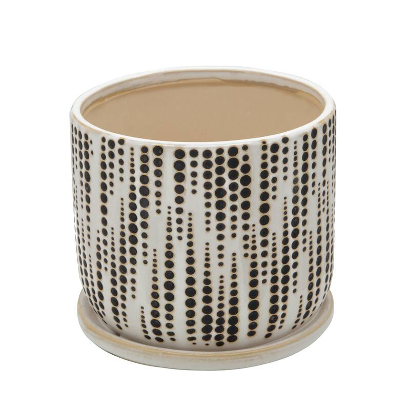 Beige Homade Ceramic Planter with Saucers and Dot Design (Set of 2) - 5.71" x 5.71" x 5.12"