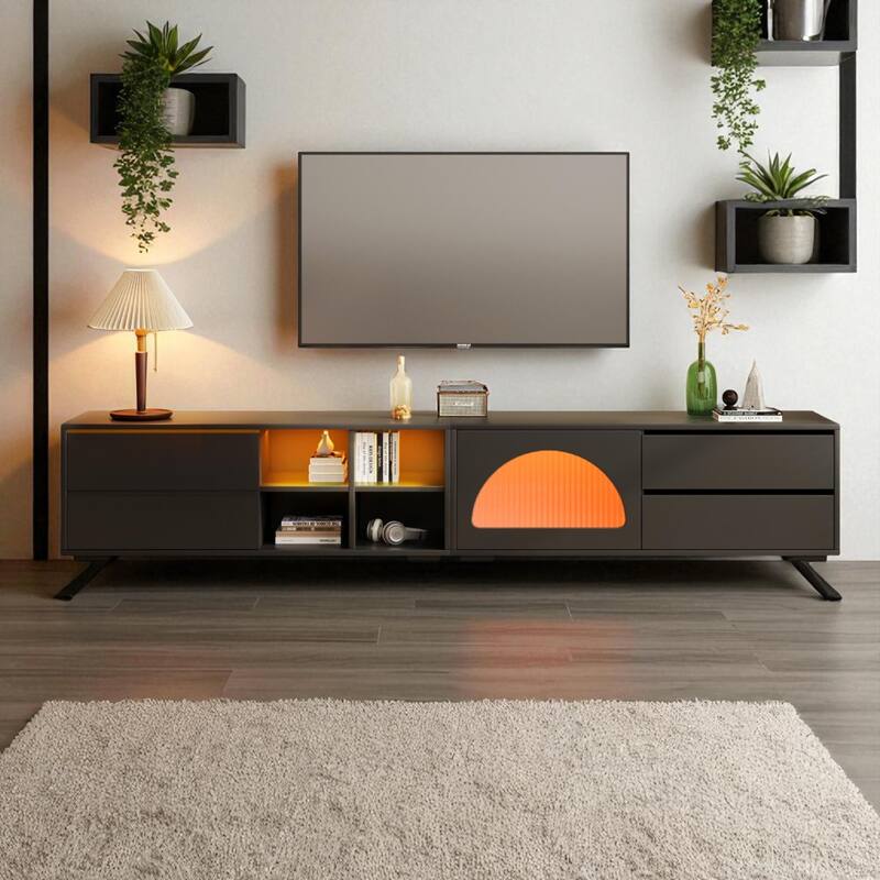 94.4" Modern TV Stand for 100" TVs, Arched Tempered Glass Door, Sliding Panel & 2 Drawers, App-Controlled LED Console - Black