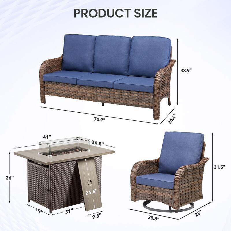 Pocassy Patio Funiture Sofa Swivel Chairs Ottoman with Fire Table Set