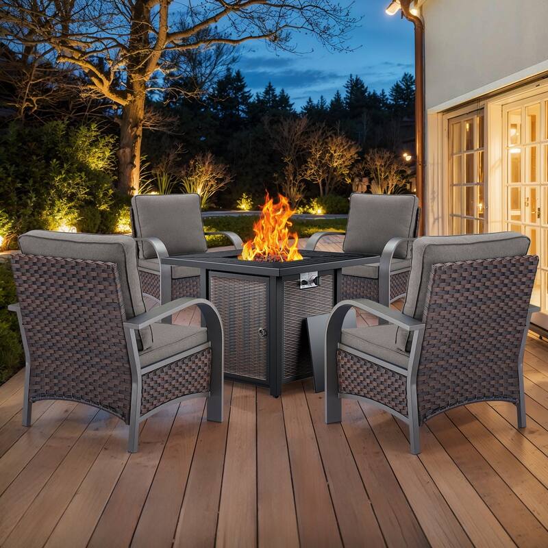 4 Outdoor Patio Chair with Fire Pit Table - Grey - Brown