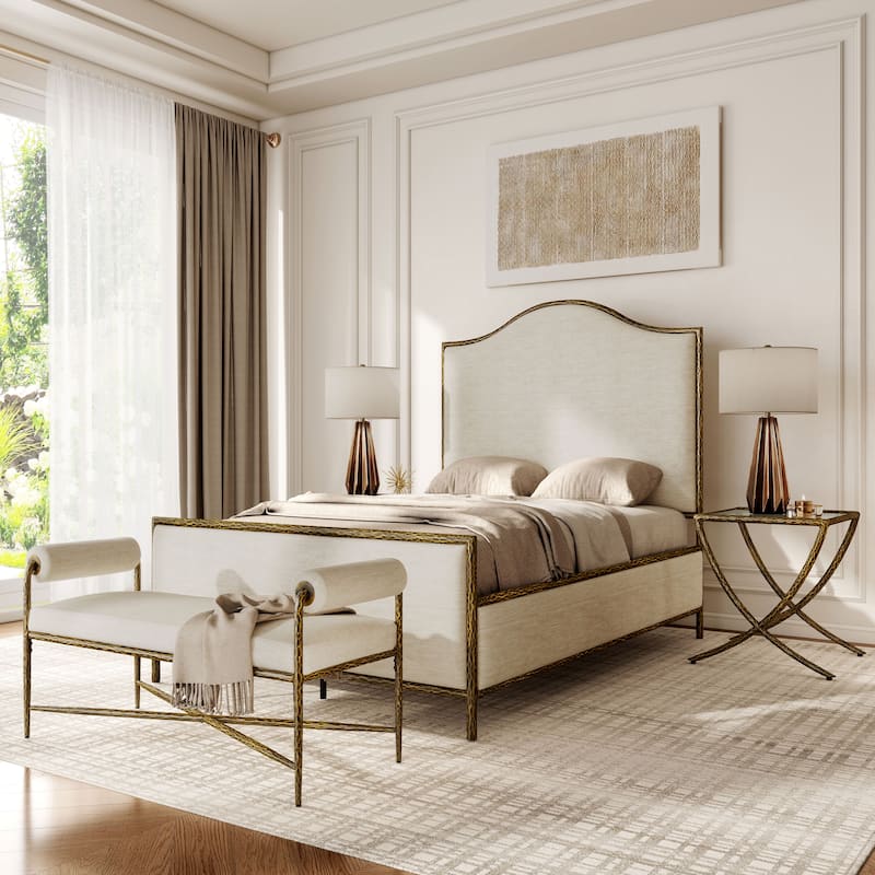 247 Shop At Home Lalia Modern 4-Piece Upholstered Hammered Metal Camelback Bedroom Set with 2 Nightstands