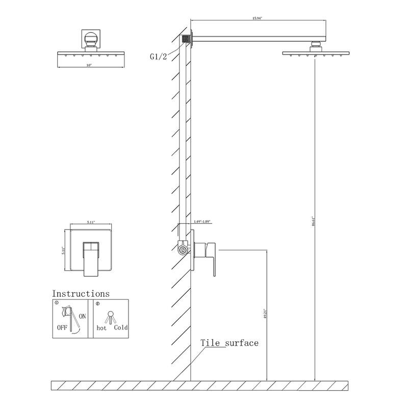 Matte Black 1-Spray Built-In Shower System - Shower Head（stainless steel） Size: 10*10 inch