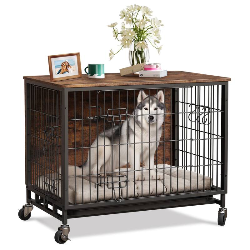 Dog Crate Furniture with Wheels, Indoor Kennel Table for Medium Dogs - Brown and Black - Enhanced