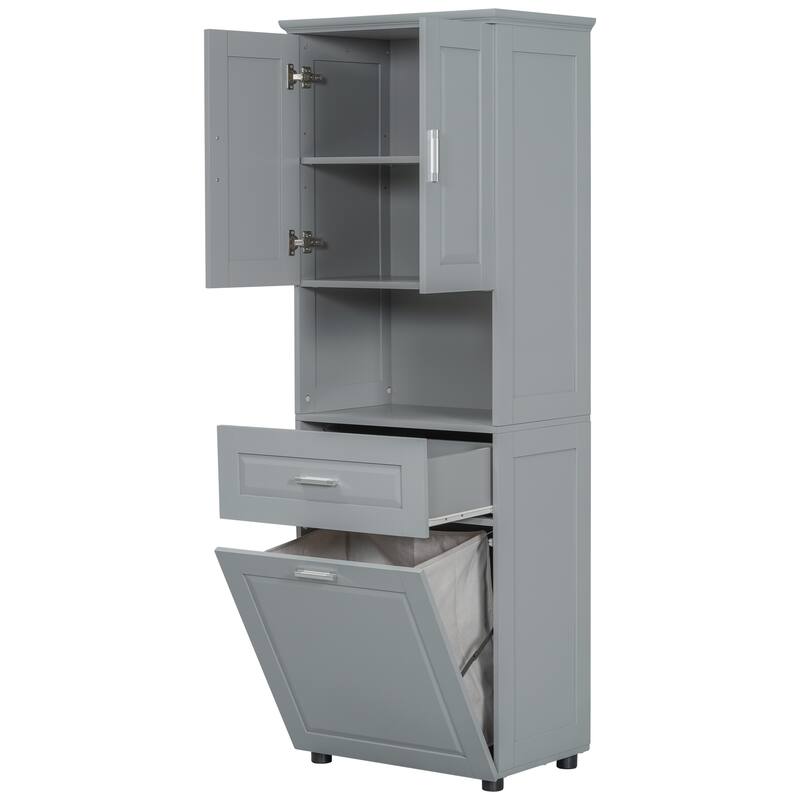Tall Bathroom Linen Tower with Cabinet, Drawer and Hamper