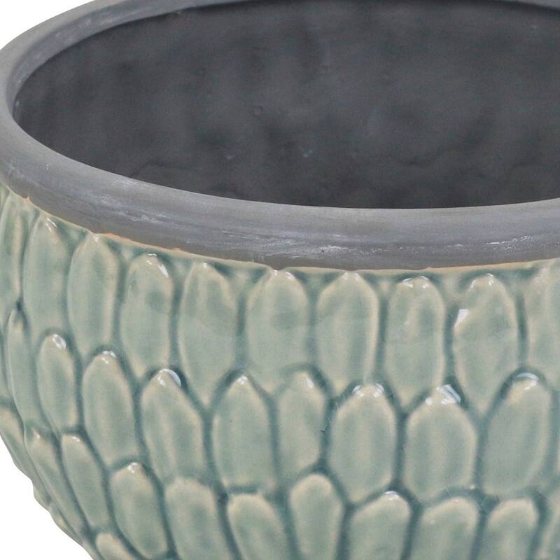 HomeRoots 8" Aqua Textural Tone On Tone Ceramic Indoor Outdoor Round Pot Planter