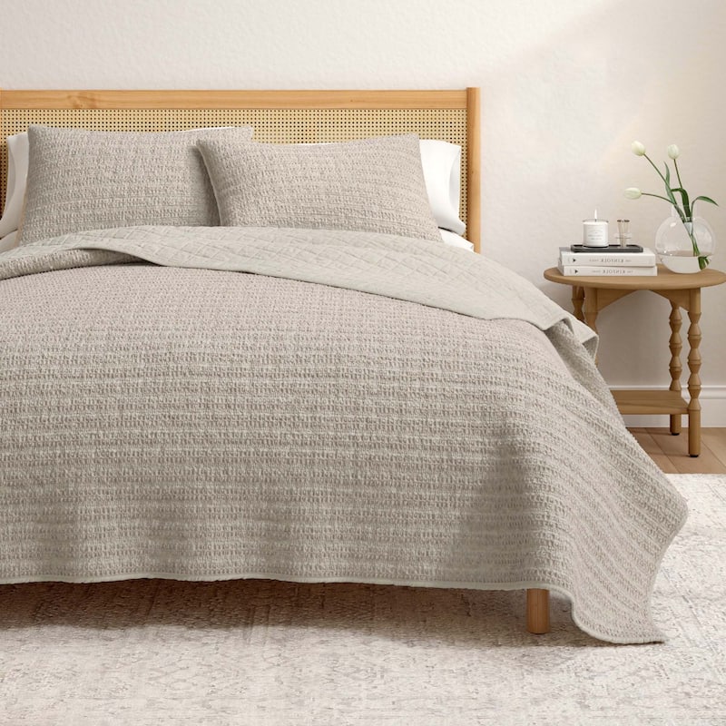 Linery & Co. Cotton Honeycomb Waffle Garment Washed Quilt Set - Cappuccino - King
