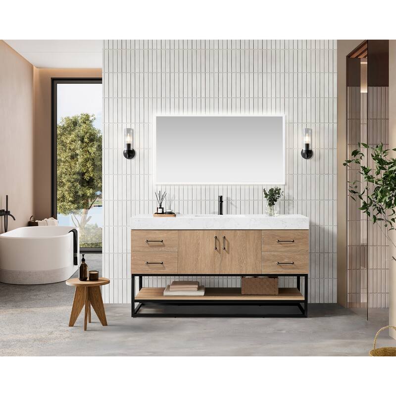 Alistair 60" Single Vanity with White Grain Stone Top without Mirror - 60" x 22"