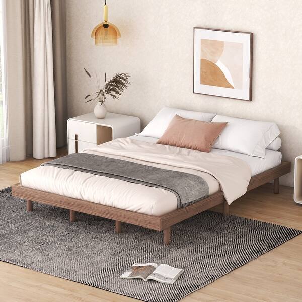 slide 2 of 9, Wooden Queen Platform Bed Frame for Kids Teens Adults, Queen Size Bedframe with Solid Wood Slats Support, Not Included Headboard