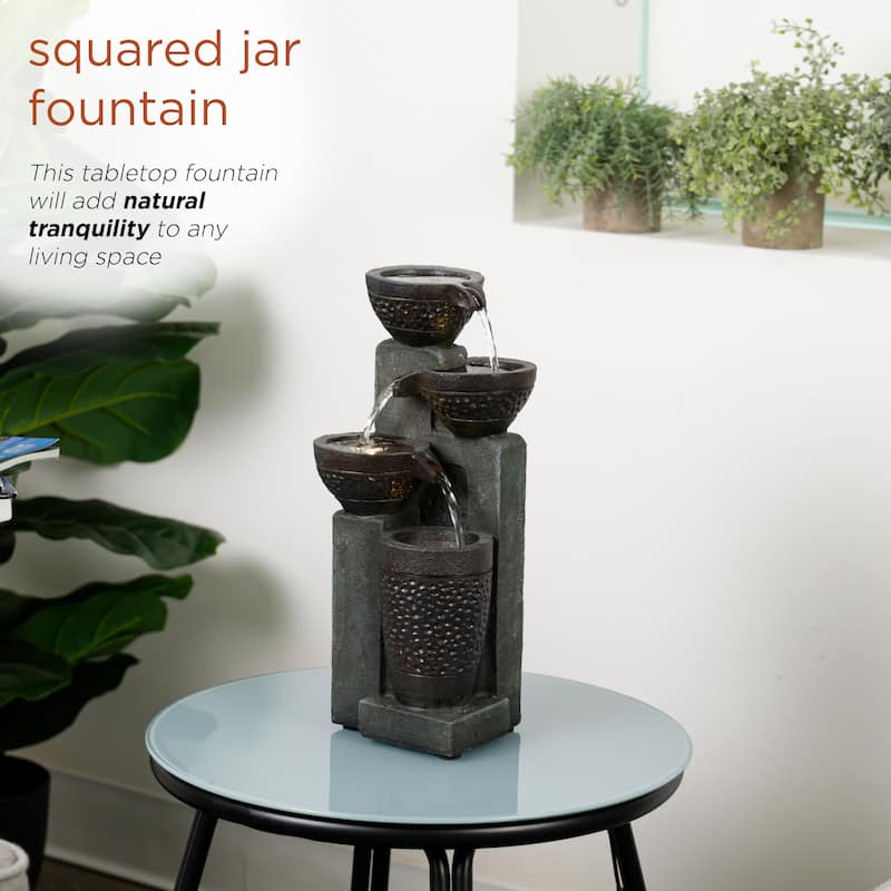Alpine Corporation TZL412 14" Stoned Jar Cascading Water Fountain with LED Lights for Home, Office, and Desk Decor, Grey