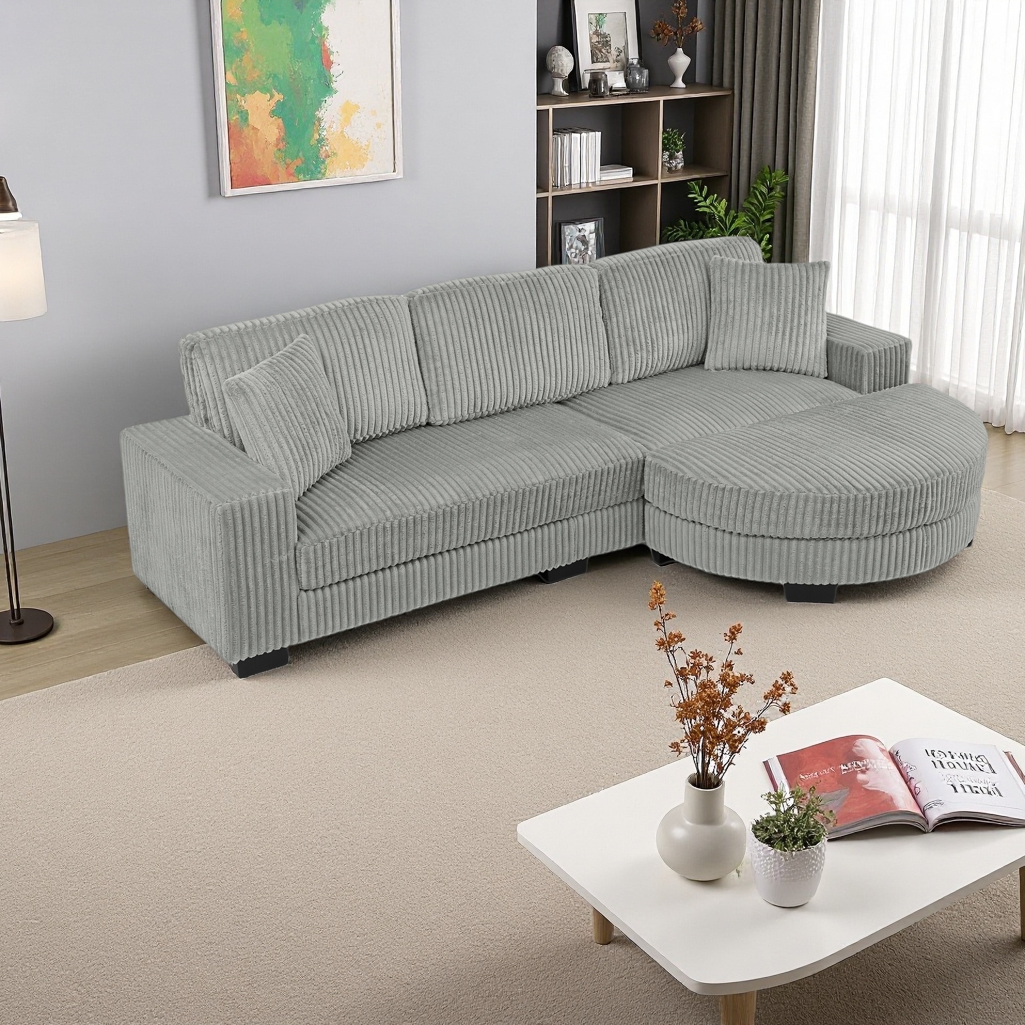 110.63"Corduroy L-Shaped Modular Sectional Sofa with Adjustable Arc Ottoman (3-Seater)