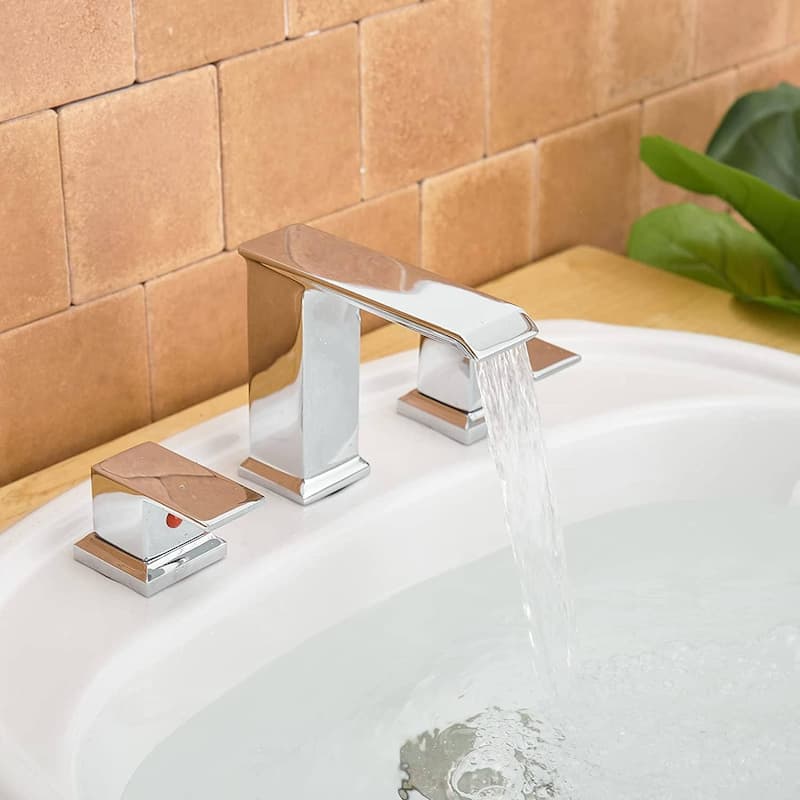 Waterfall Widespread Bathroom Faucet With Drain Assembly 3 Hole Bathroom Sink Faucets Double Handle 8 Inch Basin Vanity Taps
