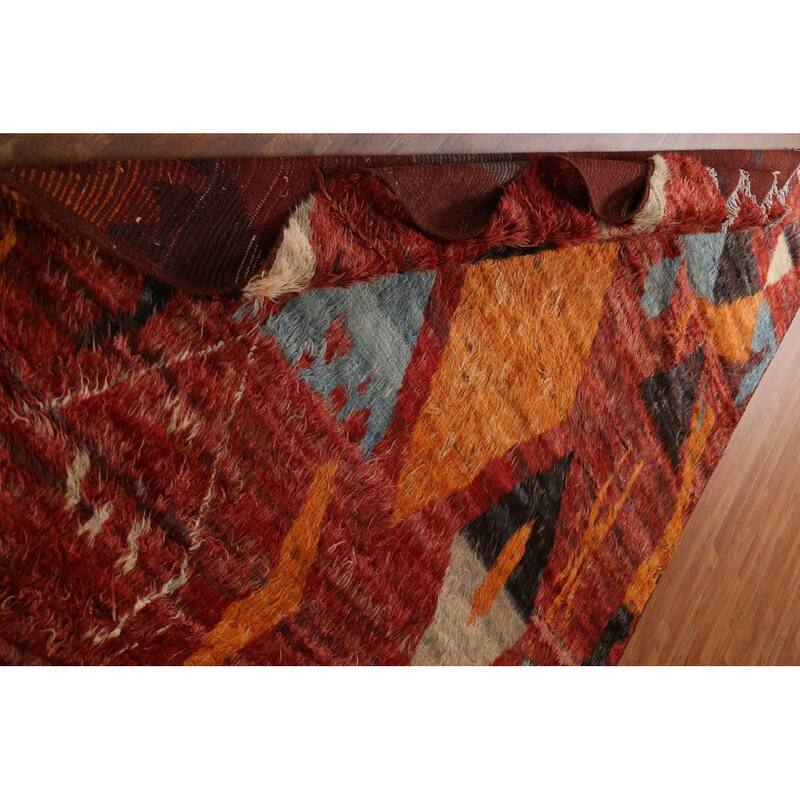 Hand Knotted Oriental 100% Wool Carpet Modern Tribal Red Moroccan Area Rug - 9' 9'' X 6' 10''