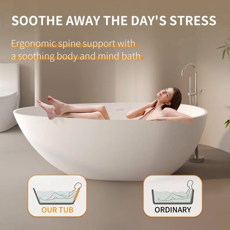 ABRUZZO Freestanding Soaking Solid Surface Bathtub with Overflow and Pop-up Drain