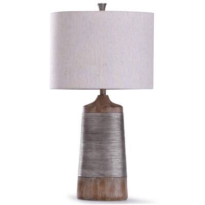 StyleCraft Haverhill Wood and Silver Textured Coil Banded Table Lamp with Oatmeal Drum Shade