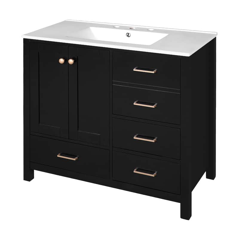 36"Bathroom Vanity with Ceramic Sink, Wood Frame Storage Cabinet, Freestanding Vanity Set with 4 Drawers& Soft Closing Doors
