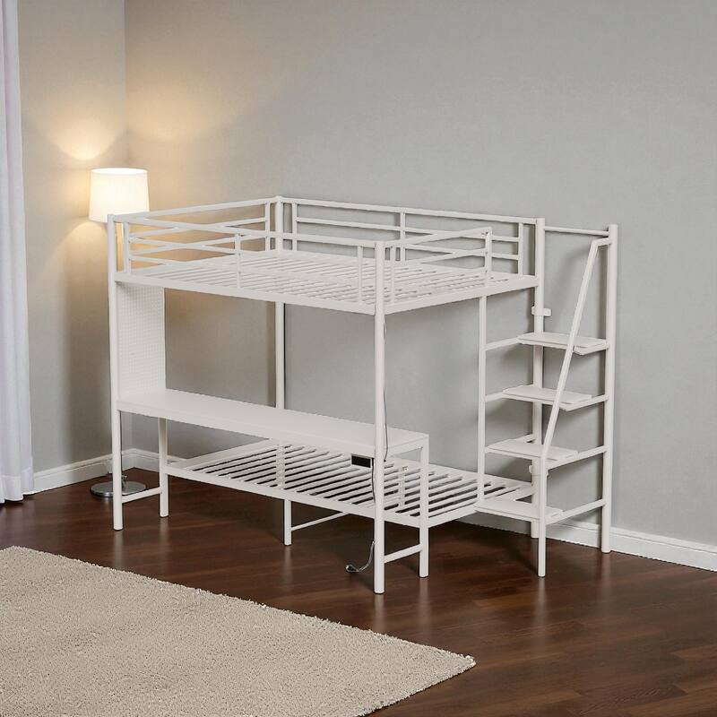 Full Size Loft Bunk Bed with Twin Space, Desk, RGB LED Lights, Charging Station, Storage Shelves and Safety Guardrails