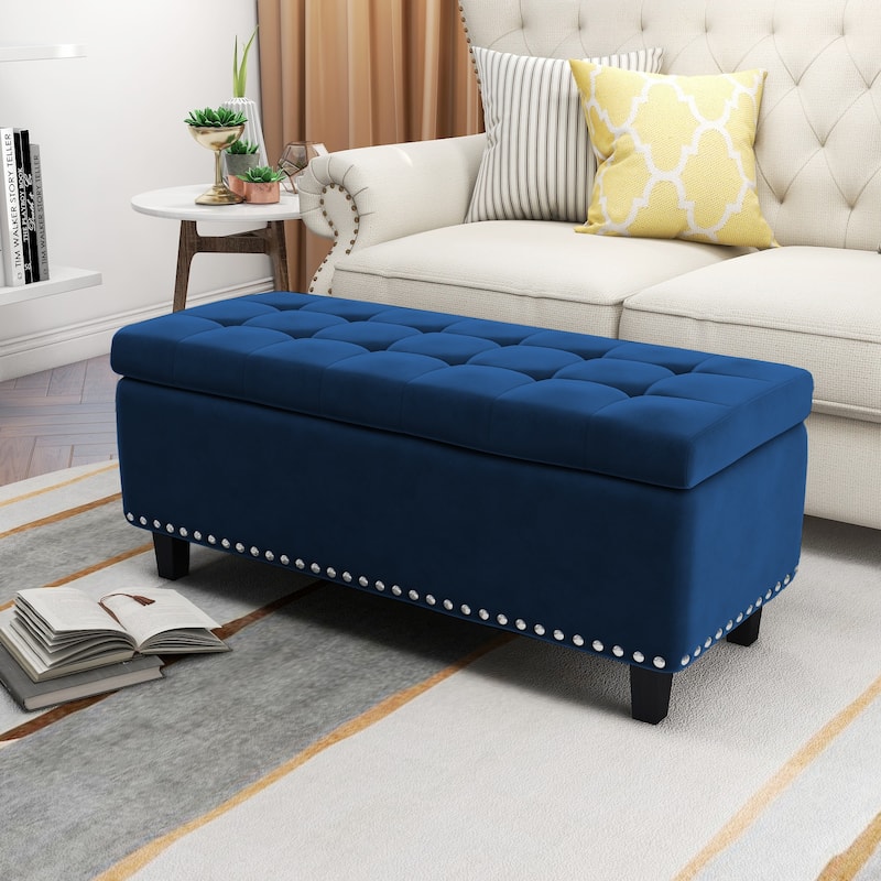 Modern Velvet Button Tufted Rectangle Storage Ottoman - Navy Blue
