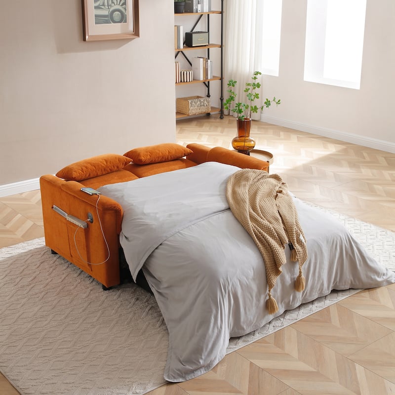 55" Velvet Two Seater Pull Out Sofa Bed, Adjustable Backrest With USB Ports, Two Side Pockets