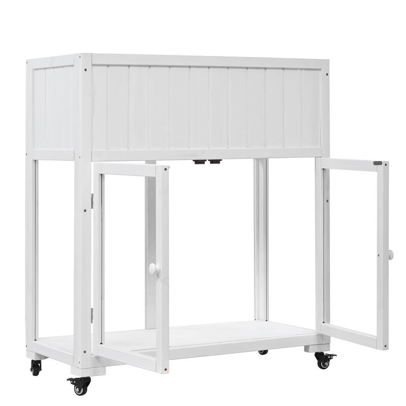 Mini Wooden Cold Frame, Compact 2 Doors Greenhouse with Raised Bed and Wheels, Outdoor Wood Planter with Drainage