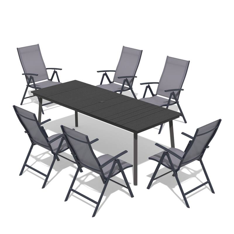 7-Piece Outdoor Rectangle Patio Dining Table with Umbrella Hole and Adjustable Folding Chairs
