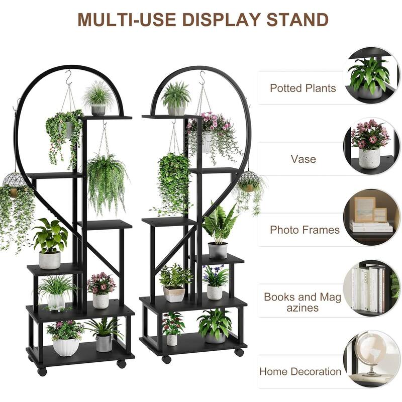 6 Tier Tall Plant Stand Metal Indoor Plant Stand with Detachable Wheels Half Heart Shape Plant Stands