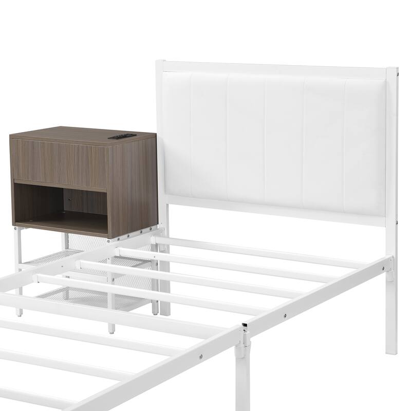 Metal Platform Bed w2-tier Storage Side Table & Built-in Wood Nightstand