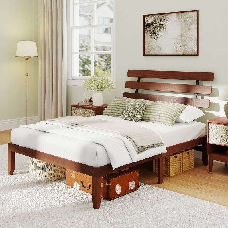 Walnut Solid Rubber Wood Platform Bed with Retro Headboard and Slatted Mattress Base - Multi