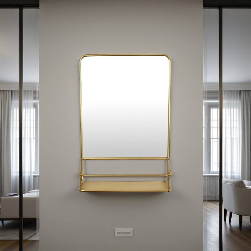 Rectangular Wall Mirror Decoration with Shelf, 17 x 24, Gold Metal