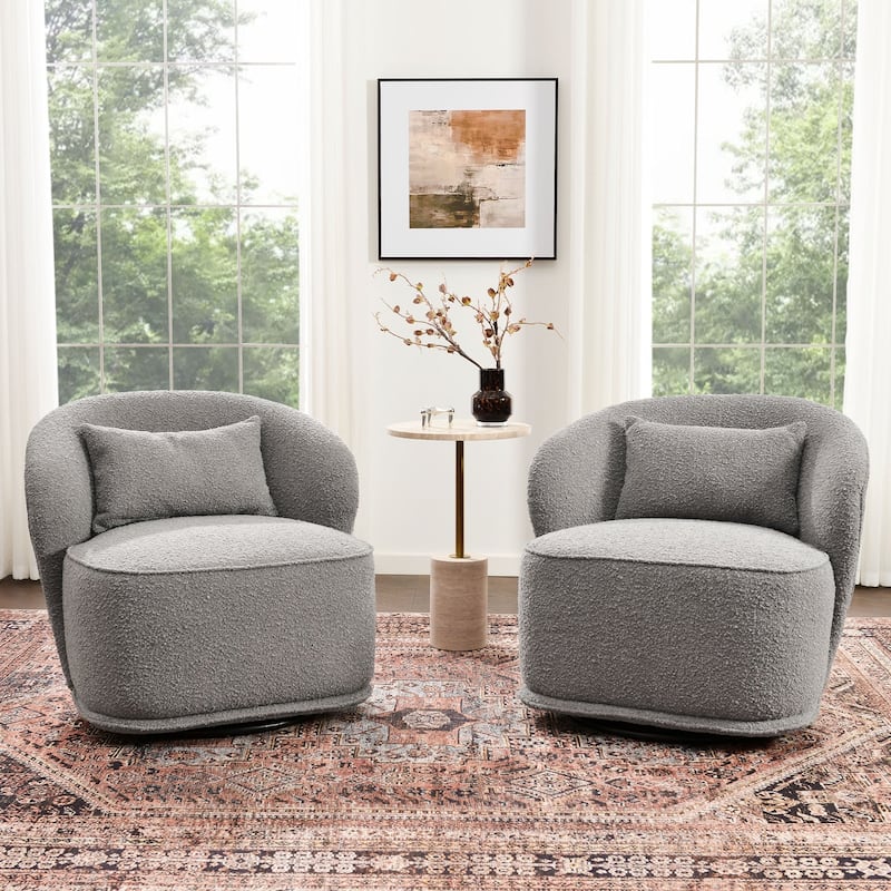 KINWELL 33" W Sherpa Boucle Upholstered Accent Swivel Chair (Set of 2) - Grey