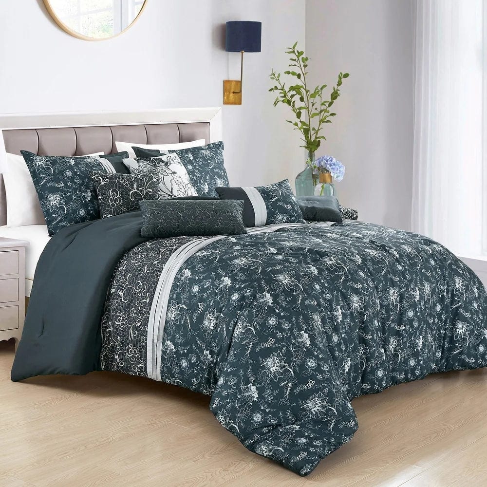 7 Piece Blue White Floral Comforter Set Soft Bedding