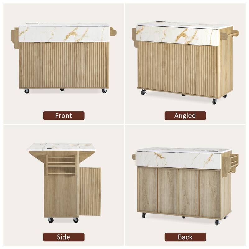 Modern 55.5" Fluted Kitchen Island with Drop Leaf, Kitchen Storage Cart on 5 Wheels with Power Outlet, Spice rack,Curved Edge