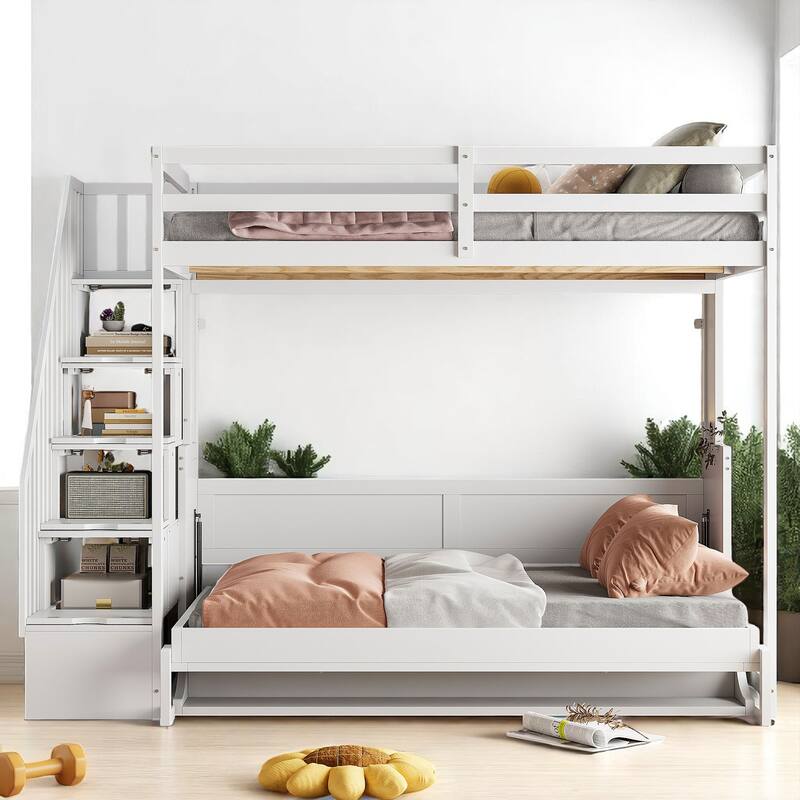 Full Size Wall Murphy Bed with Loft & Bunk Conversion, Hydraulic Lift, Hidden Desk, and Storage Steps