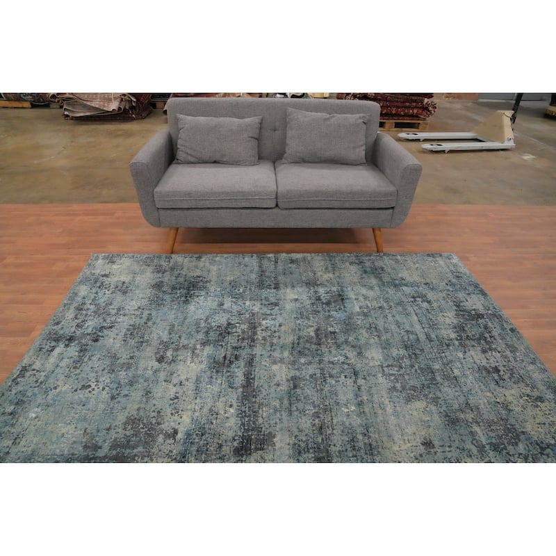 Hand Knotted Oriental Viscose Silk Carpet Modern Abstract Navy Blue & Blues Abstract Area Rug - 7' 10'' X 5' 3''