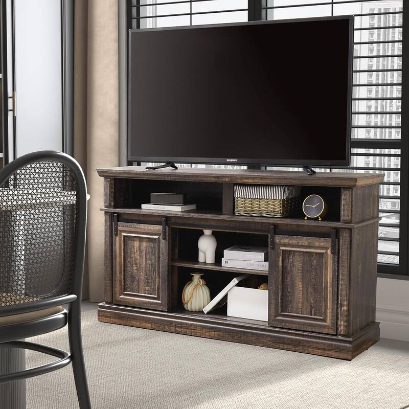 Roomfitters Mid Century Modern Media Console Table, Storage Cabinet, Multipurpose Sliding Door TV Cabinet