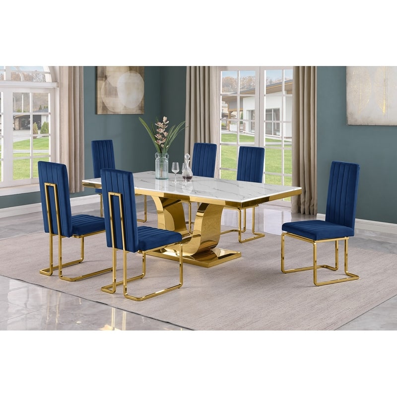 Best Quality Furniture D321-SC344-7 Dining Set with 78" White Marble Top - 7-Piece - Navy Blue / Gold