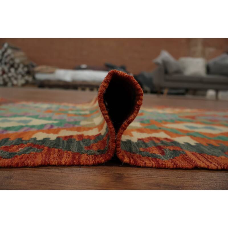 Hand Woven Oriental 100% Wool Carpet Southwestern Geometric Oranges & Rust Kilim Runner Rug - 9' 8'' X 2' 10''