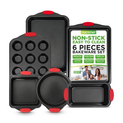 6-Piece Nonstick Bakeware Set - Carbon Steel Baking Tray Set w/ Heatsafe Red Silicone Handles, Oven Safe Up to 450°F