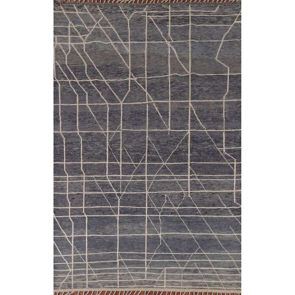Blue Moroccan Abstract Area Rug Handmade Wool Carpet - 7'8" x 10'7"