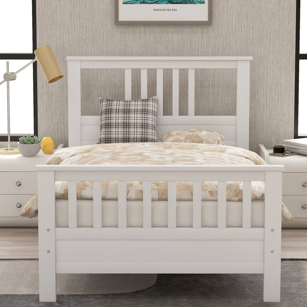 White Wooden Twin Platform Bed Frame with Headboard
