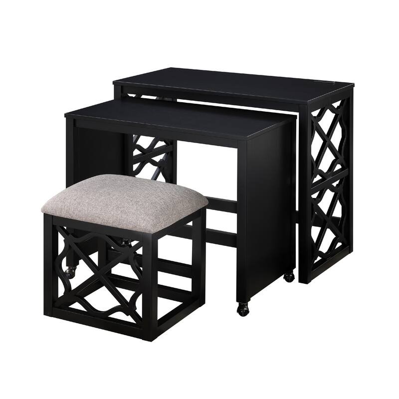 Syna 3 Piece Nesting Desk and Stool Set, Black Wood, Gray Polyester