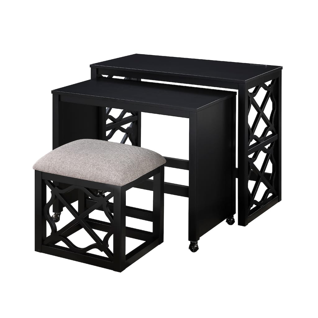 Syna 3 Piece Nesting Desk and Stool Set, Black Wood, Gray Polyester
