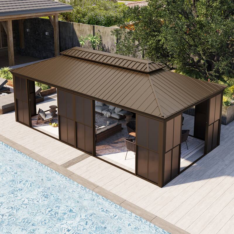 Hardtop Gazebo with Double Steel Roof, Sliding/Lockable Doors & Screens - All-Season Rustproof Aluminum Frame，Advanced Drainage
